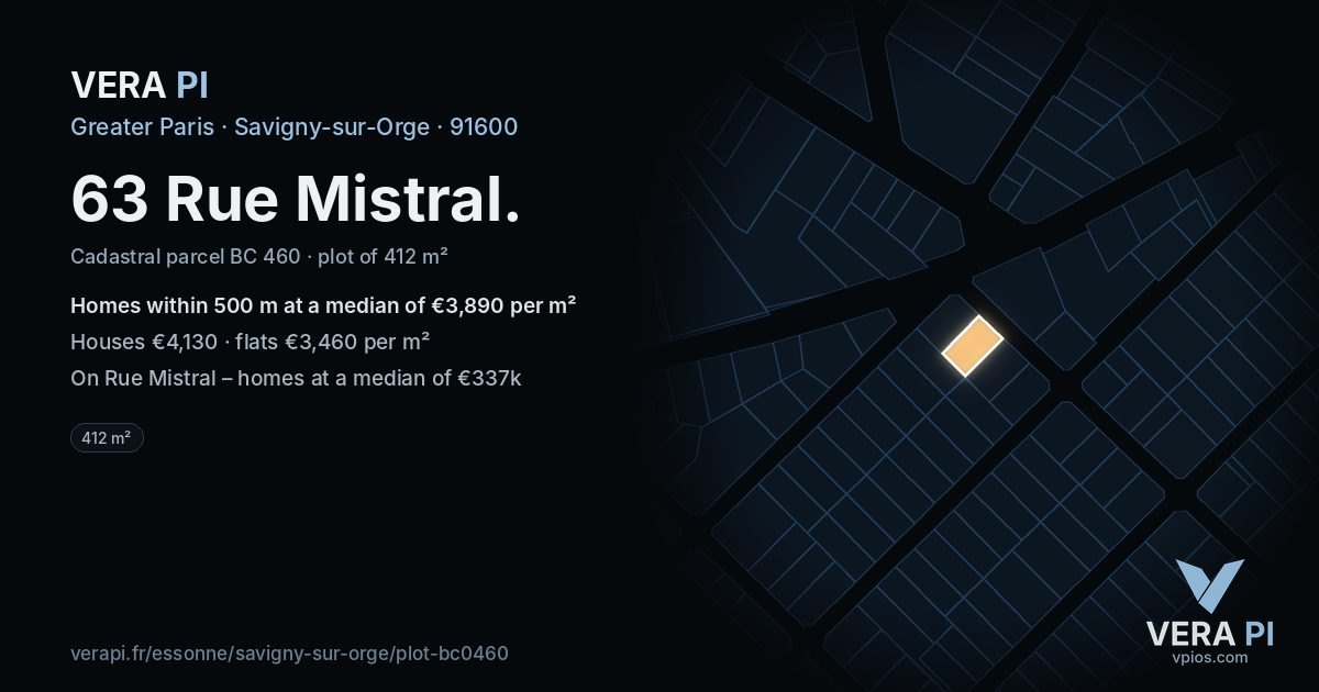 63 Rue Mistral, Savigny-sur-Orge at night – the plot lit, the parcels around coloured by the prices near them