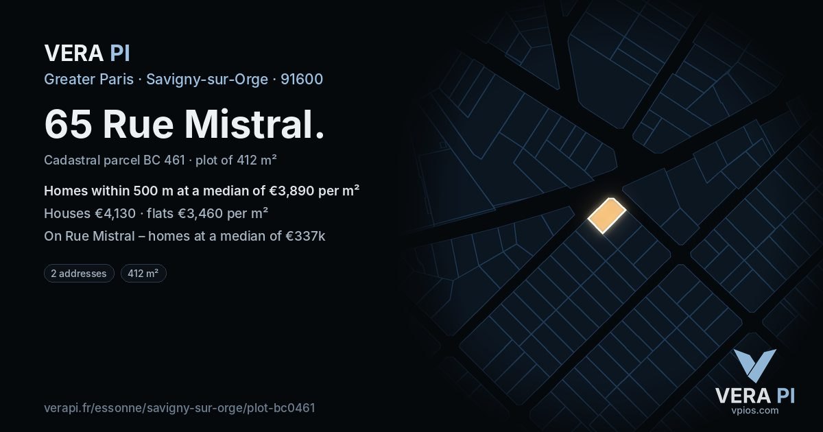 65 Rue Mistral, Savigny-sur-Orge at night – the plot lit, the parcels around coloured by the prices near them