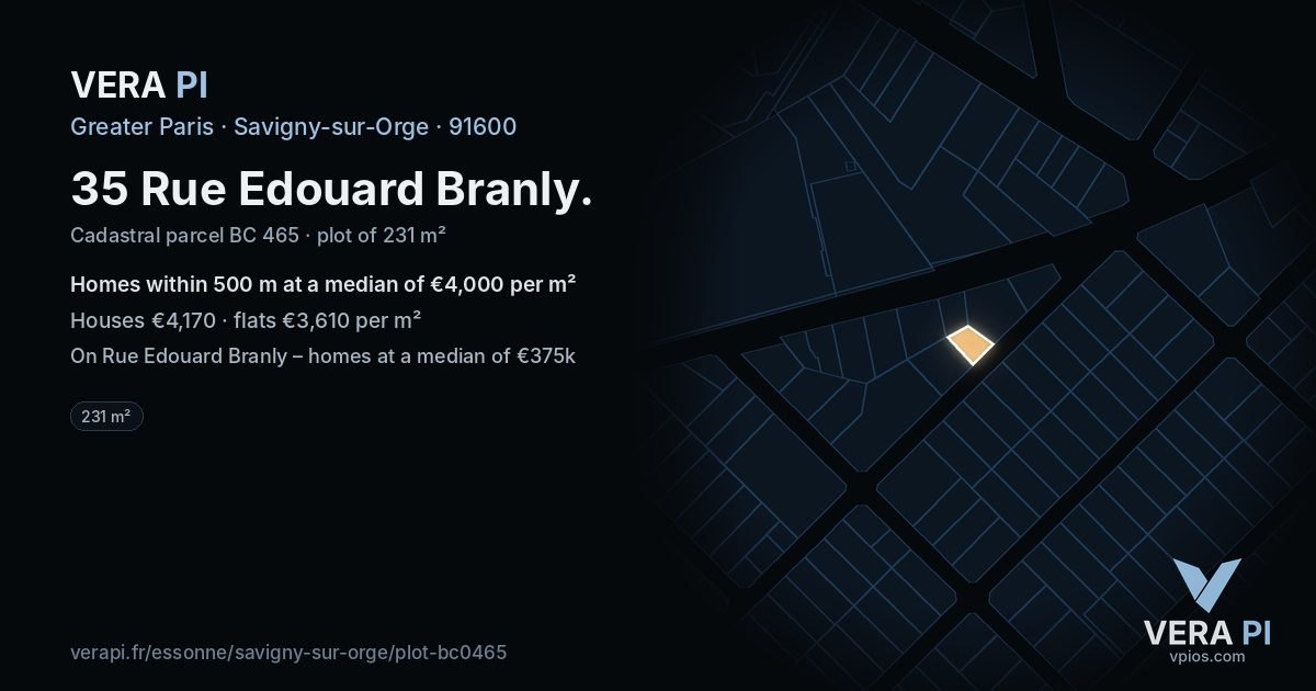 35 Rue Edouard Branly, Savigny-sur-Orge at night – the plot lit, the parcels around coloured by the prices near them
