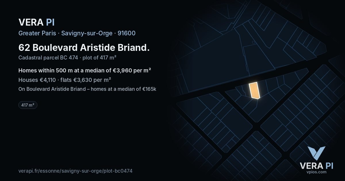62 Boulevard Aristide Briand, Savigny-sur-Orge at night – the plot lit, the parcels around coloured by the prices near them