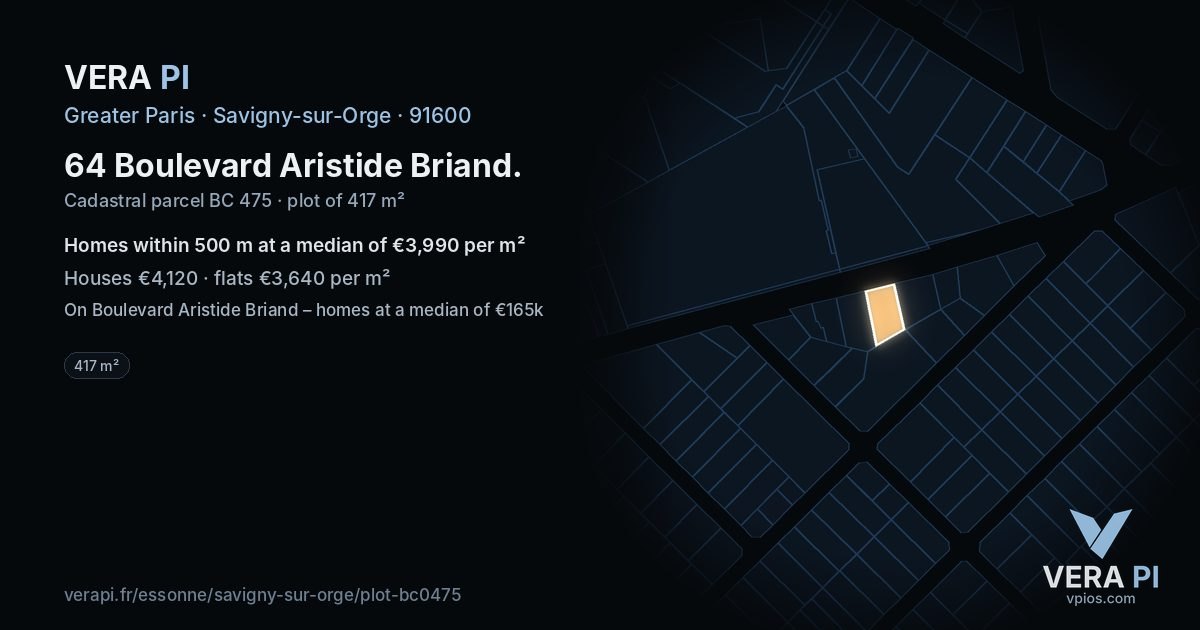 64 Boulevard Aristide Briand, Savigny-sur-Orge at night – the plot lit, the parcels around coloured by the prices near them