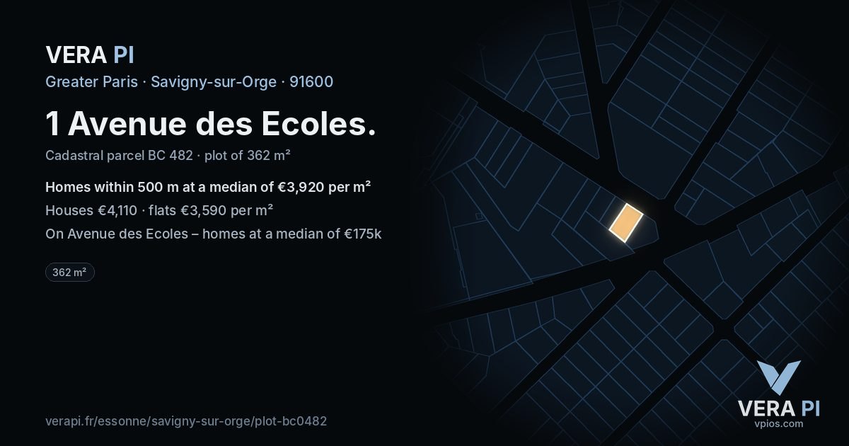 1 Avenue des Ecoles, Savigny-sur-Orge at night – the plot lit, the parcels around coloured by the prices near them