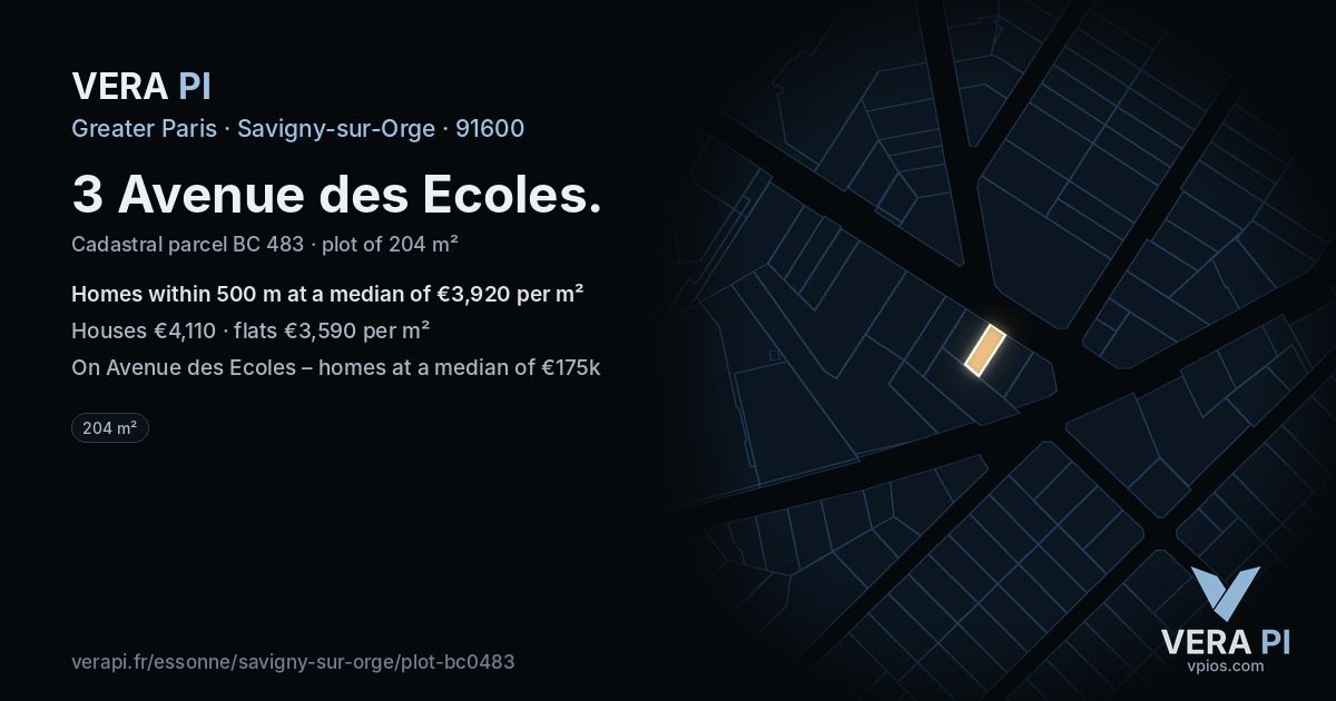 3 Avenue des Ecoles, Savigny-sur-Orge at night – the plot lit, the parcels around coloured by the prices near them