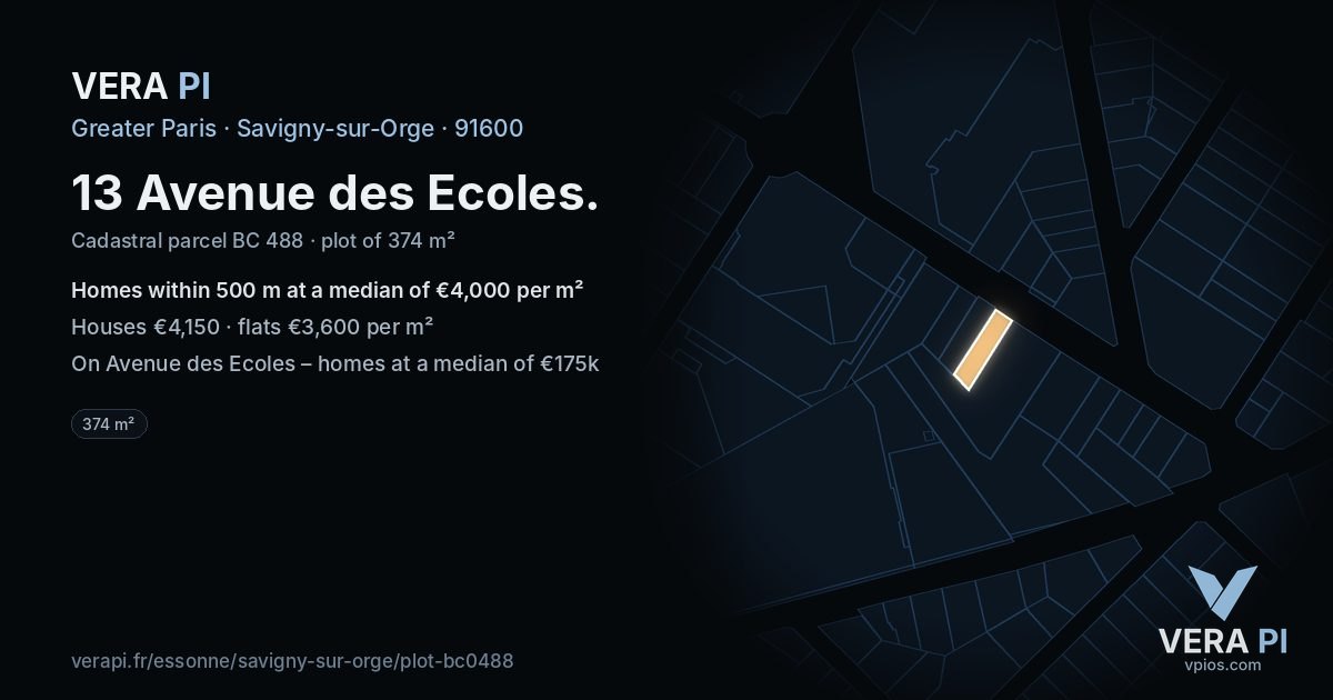 13 Avenue des Ecoles, Savigny-sur-Orge at night – the plot lit, the parcels around coloured by the prices near them