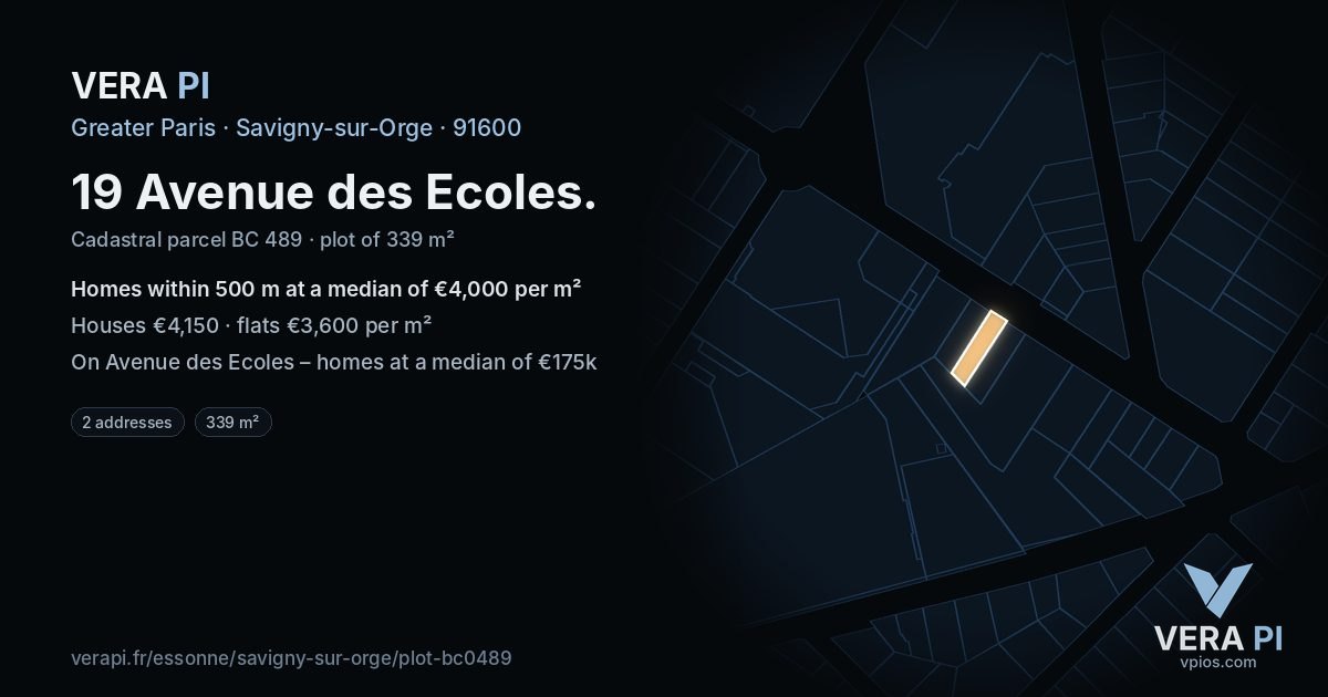 19 Avenue des Ecoles, Savigny-sur-Orge at night – the plot lit, the parcels around coloured by the prices near them