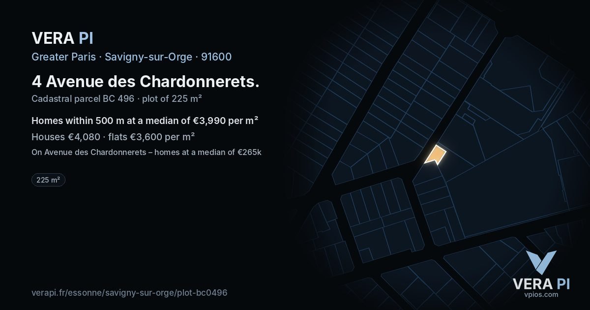 4 Avenue des Chardonnerets, Savigny-sur-Orge at night – the plot lit, the parcels around coloured by the prices near them