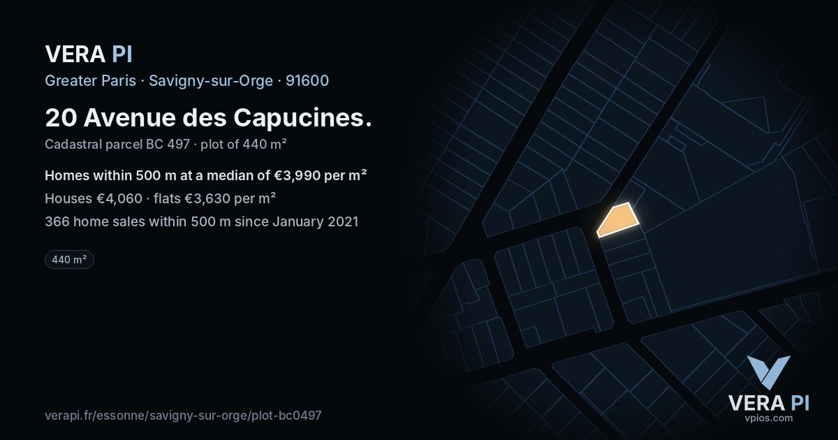 20 Avenue des Capucines, Savigny-sur-Orge at night – the plot lit, the parcels around coloured by the prices near them