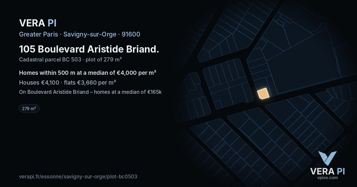 105 Boulevard Aristide Briand, Savigny-sur-Orge at night – the plot lit, the parcels around coloured by the prices near them