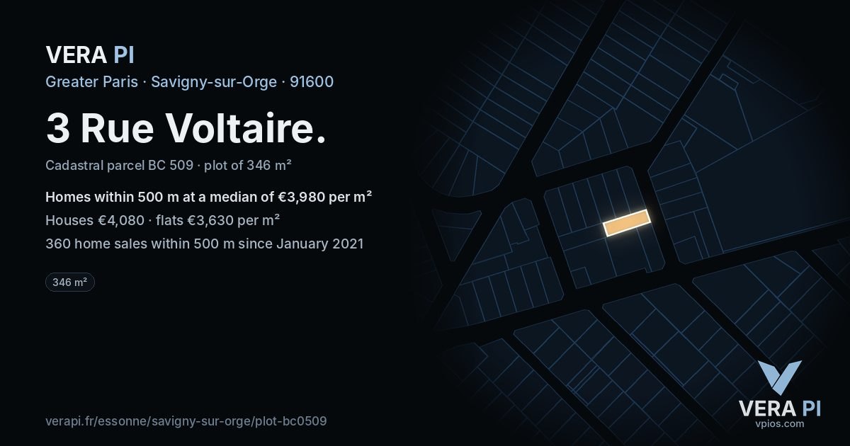 3 Rue Voltaire, Savigny-sur-Orge at night – the plot lit, the parcels around coloured by the prices near them