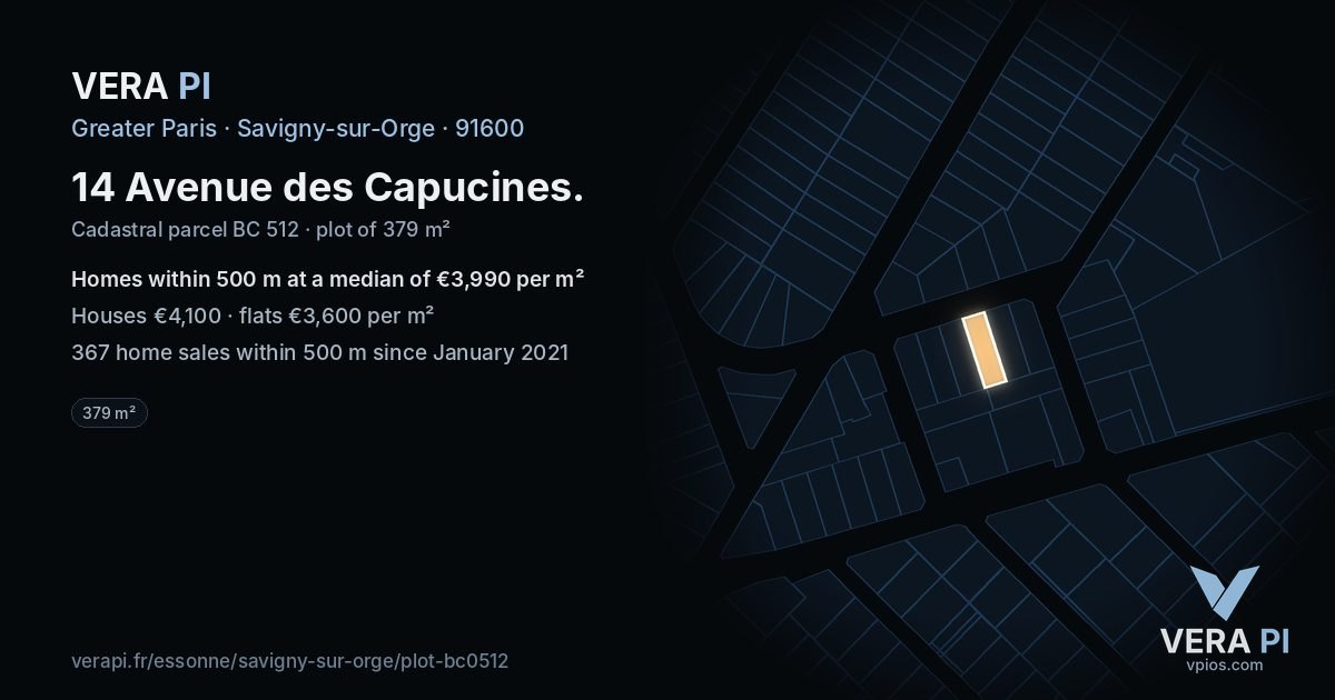 14 Avenue des Capucines, Savigny-sur-Orge at night – the plot lit, the parcels around coloured by the prices near them