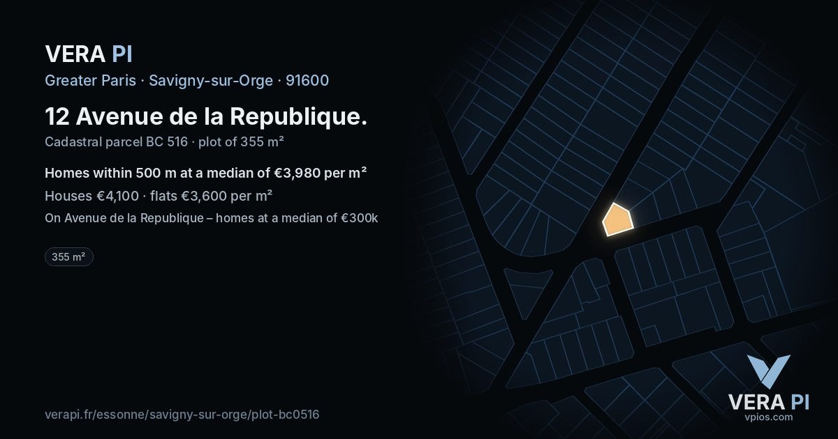 12 Avenue de la Republique, Savigny-sur-Orge at night – the plot lit, the parcels around coloured by the prices near them