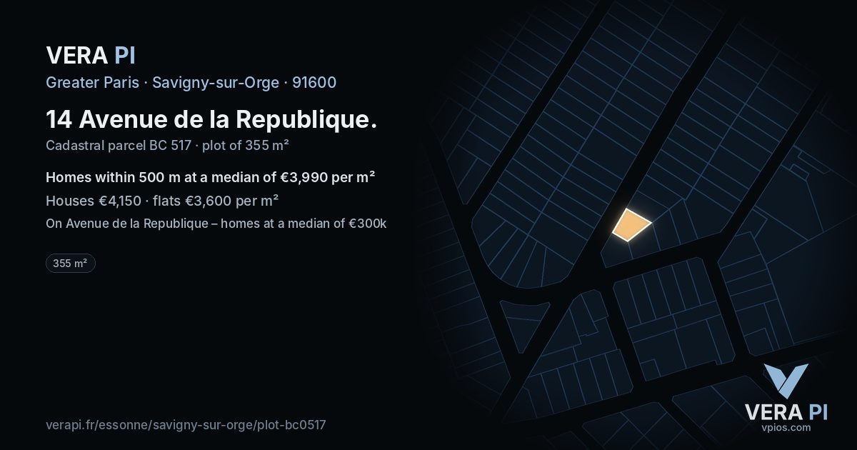 14 Avenue de la Republique, Savigny-sur-Orge at night – the plot lit, the parcels around coloured by the prices near them
