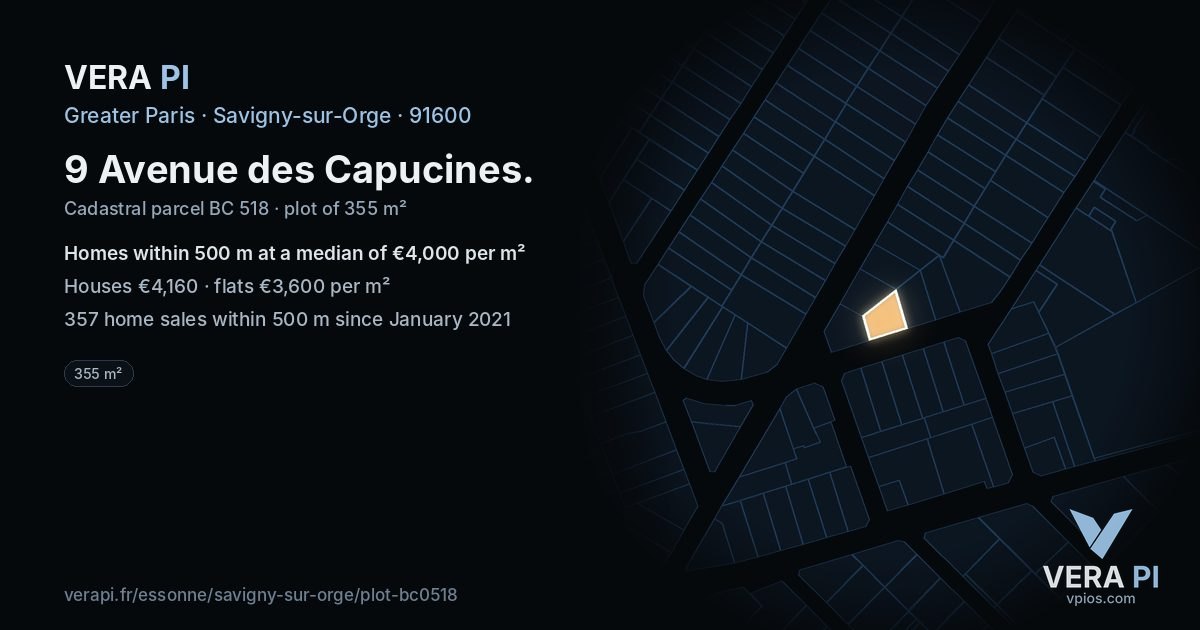 9 Avenue des Capucines, Savigny-sur-Orge at night – the plot lit, the parcels around coloured by the prices near them