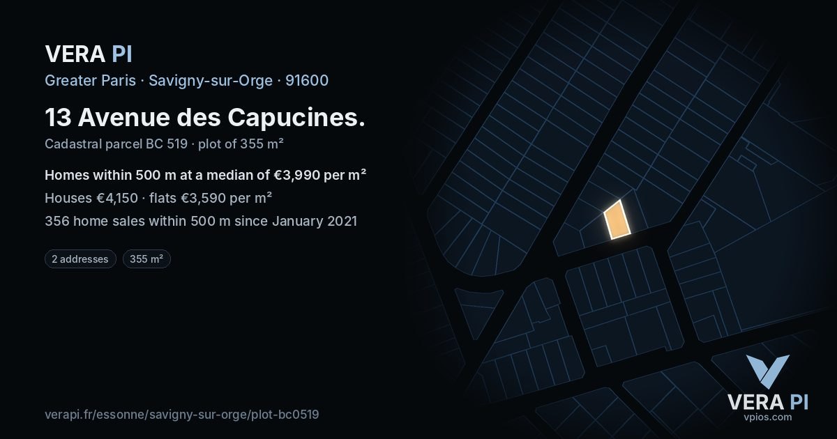 13 Avenue des Capucines, Savigny-sur-Orge at night – the plot lit, the parcels around coloured by the prices near them