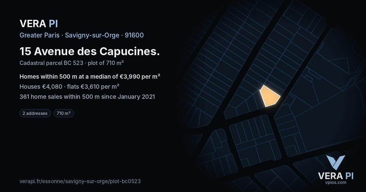 15 Avenue des Capucines, Savigny-sur-Orge at night – the plot lit, the parcels around coloured by the prices near them