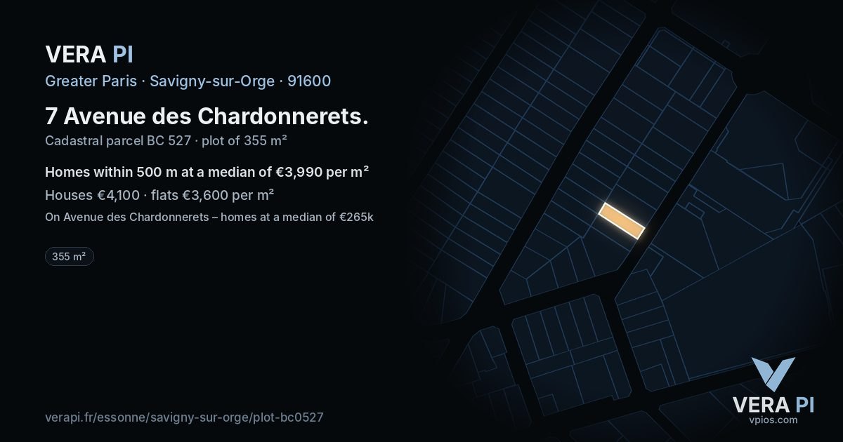 7 Avenue des Chardonnerets, Savigny-sur-Orge at night – the plot lit, the parcels around coloured by the prices near them