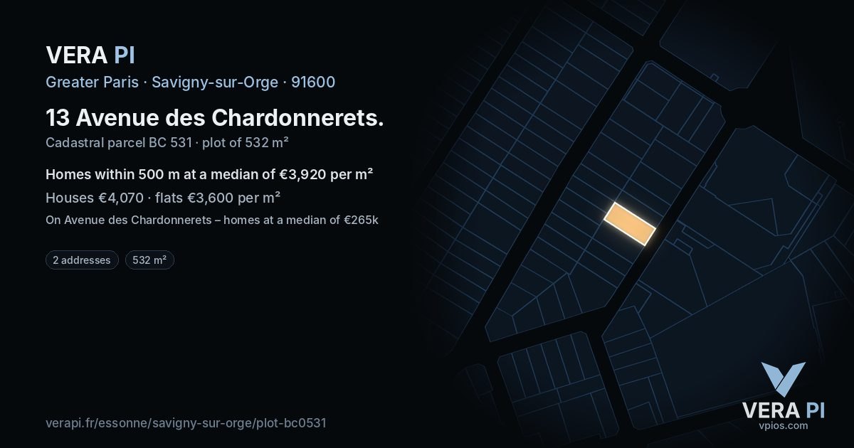 13 Avenue des Chardonnerets, Savigny-sur-Orge at night – the plot lit, the parcels around coloured by the prices near them