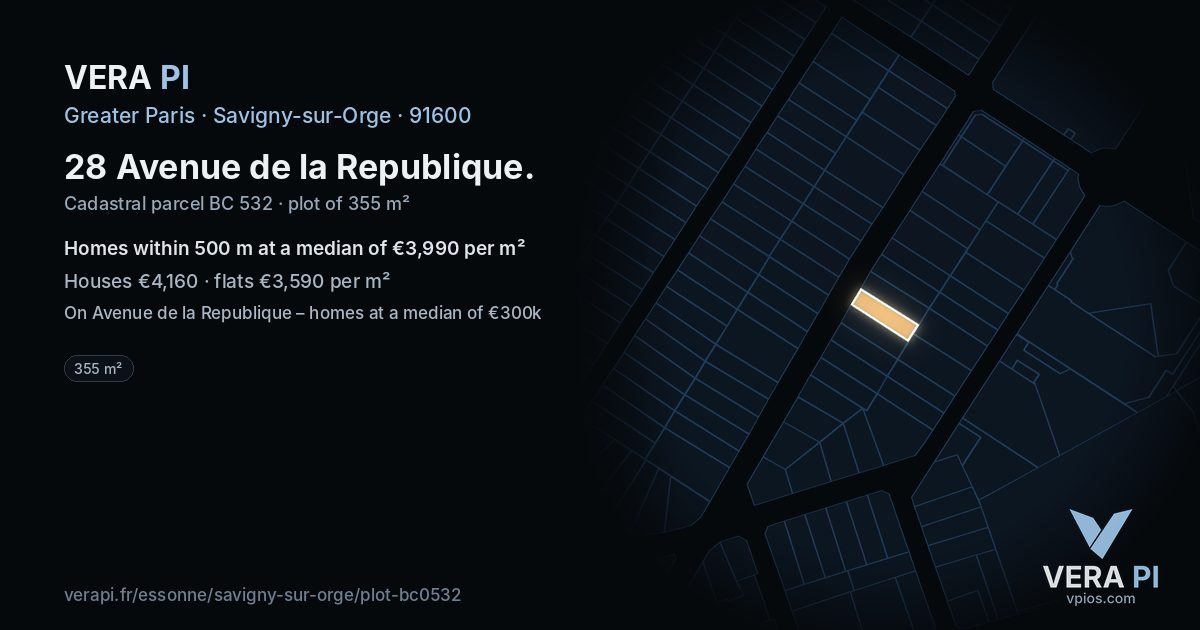 28 Avenue de la Republique, Savigny-sur-Orge at night – the plot lit, the parcels around coloured by the prices near them