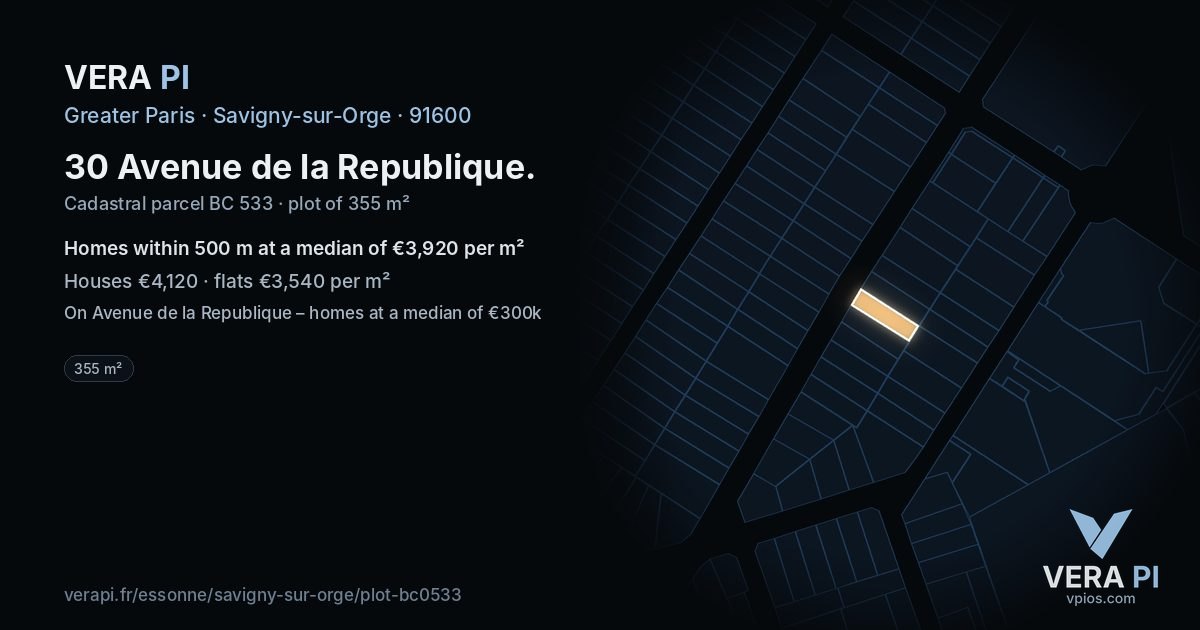 30 Avenue de la Republique, Savigny-sur-Orge at night – the plot lit, the parcels around coloured by the prices near them