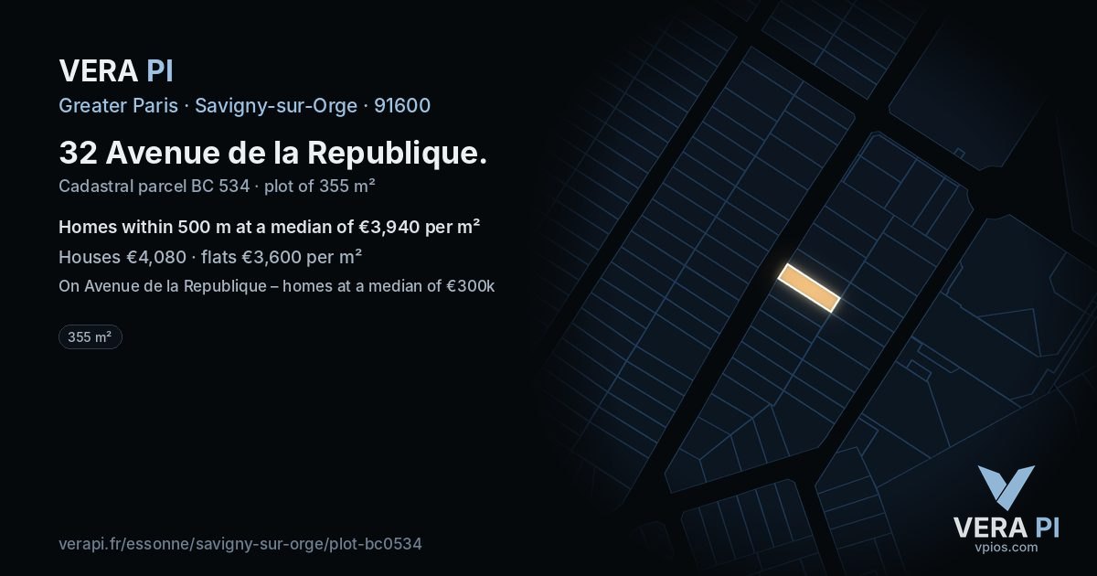 32 Avenue de la Republique, Savigny-sur-Orge at night – the plot lit, the parcels around coloured by the prices near them