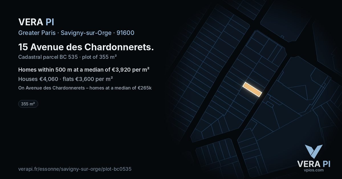 15 Avenue des Chardonnerets, Savigny-sur-Orge at night – the plot lit, the parcels around coloured by the prices near them