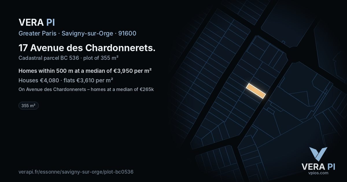 17 Avenue des Chardonnerets, Savigny-sur-Orge at night – the plot lit, the parcels around coloured by the prices near them