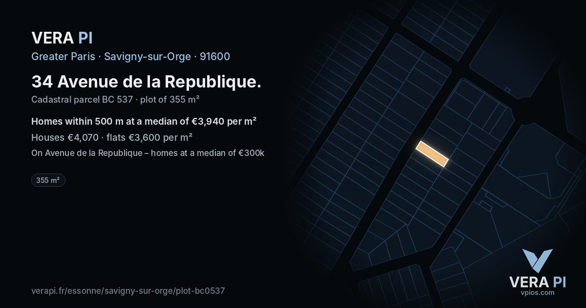 34 Avenue de la Republique, Savigny-sur-Orge at night – the plot lit, the parcels around coloured by the prices near them