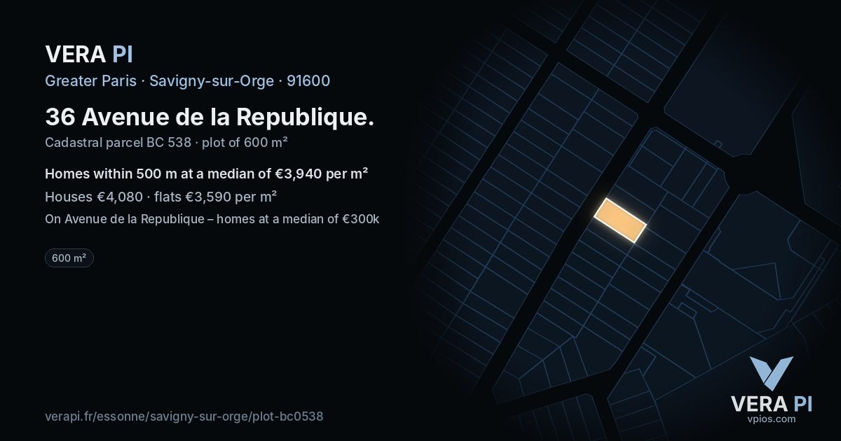 36 Avenue de la Republique, Savigny-sur-Orge at night – the plot lit, the parcels around coloured by the prices near them