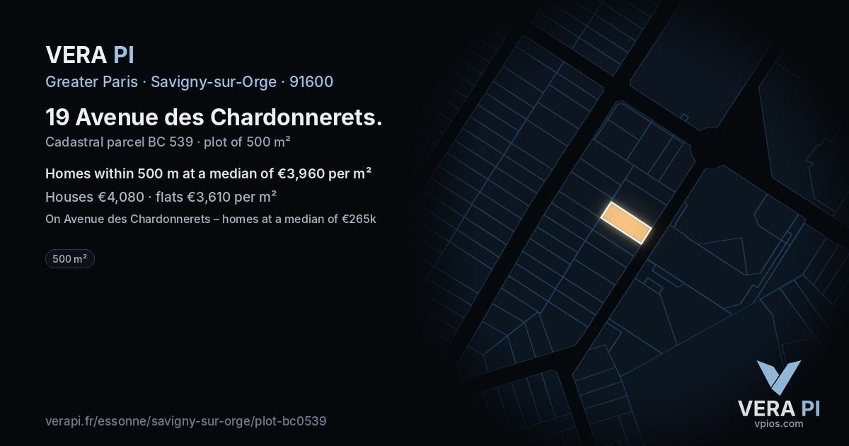 19 Avenue des Chardonnerets, Savigny-sur-Orge at night – the plot lit, the parcels around coloured by the prices near them