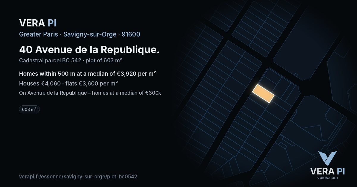 40 Avenue de la Republique, Savigny-sur-Orge at night – the plot lit, the parcels around coloured by the prices near them