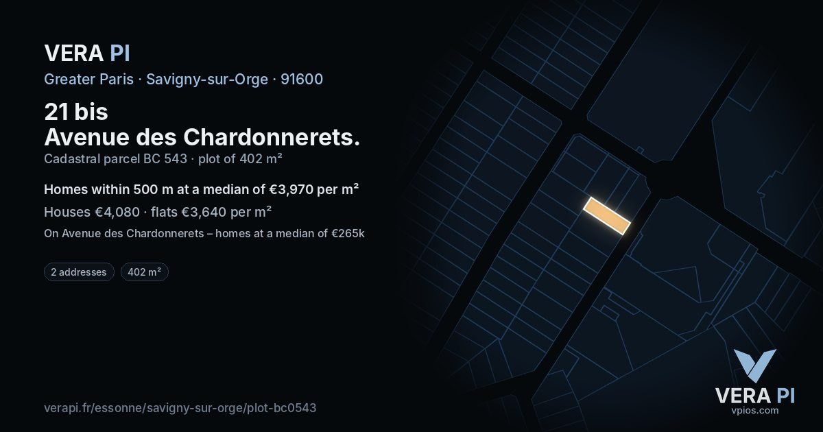 21 bis Avenue des Chardonnerets, Savigny-sur-Orge at night – the plot lit, the parcels around coloured by the prices near them