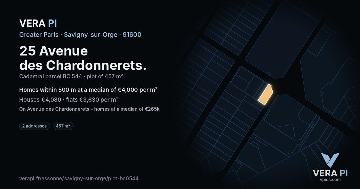 25 Avenue des Chardonnerets, Savigny-sur-Orge at night – the plot lit, the parcels around coloured by the prices near them
