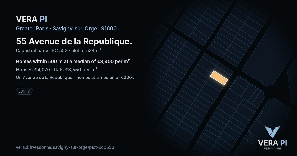 55 Avenue de la Republique, Savigny-sur-Orge at night – the plot lit, the parcels around coloured by the prices near them