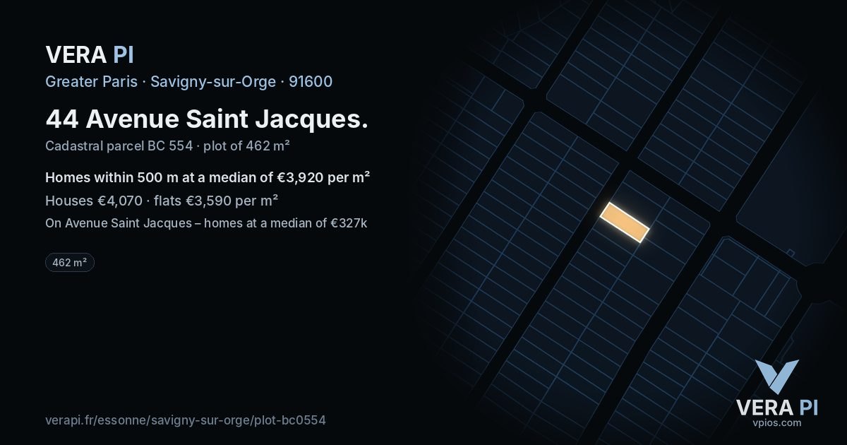 44 Avenue Saint Jacques, Savigny-sur-Orge at night – the plot lit, the parcels around coloured by the prices near them