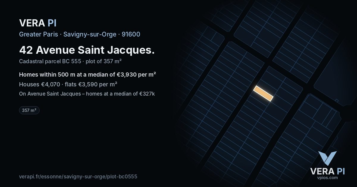 42 Avenue Saint Jacques, Savigny-sur-Orge at night – the plot lit, the parcels around coloured by the prices near them
