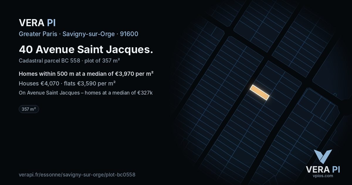 40 Avenue Saint Jacques, Savigny-sur-Orge at night – the plot lit, the parcels around coloured by the prices near them