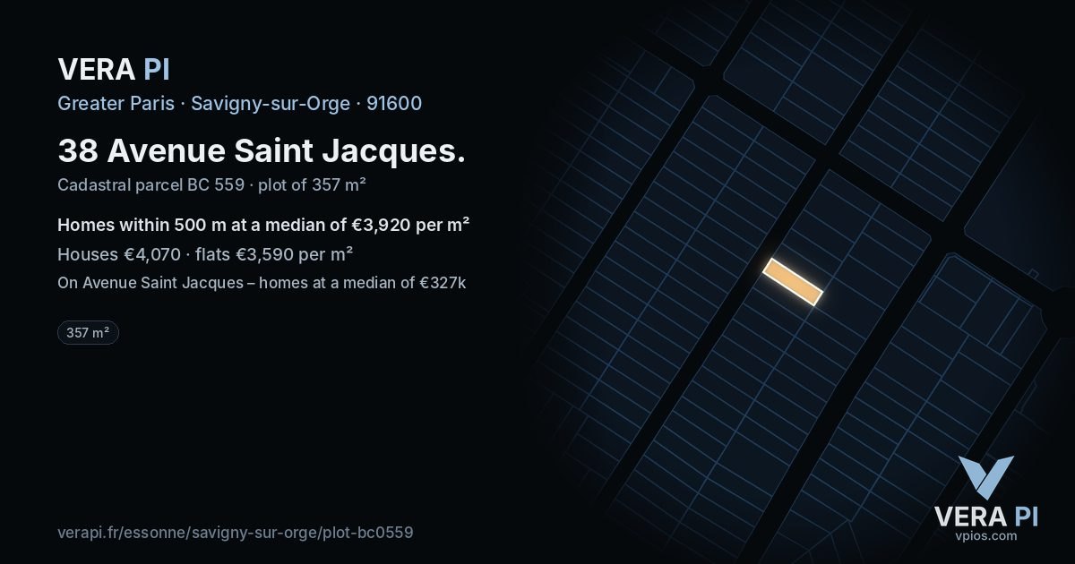 38 Avenue Saint Jacques, Savigny-sur-Orge at night – the plot lit, the parcels around coloured by the prices near them