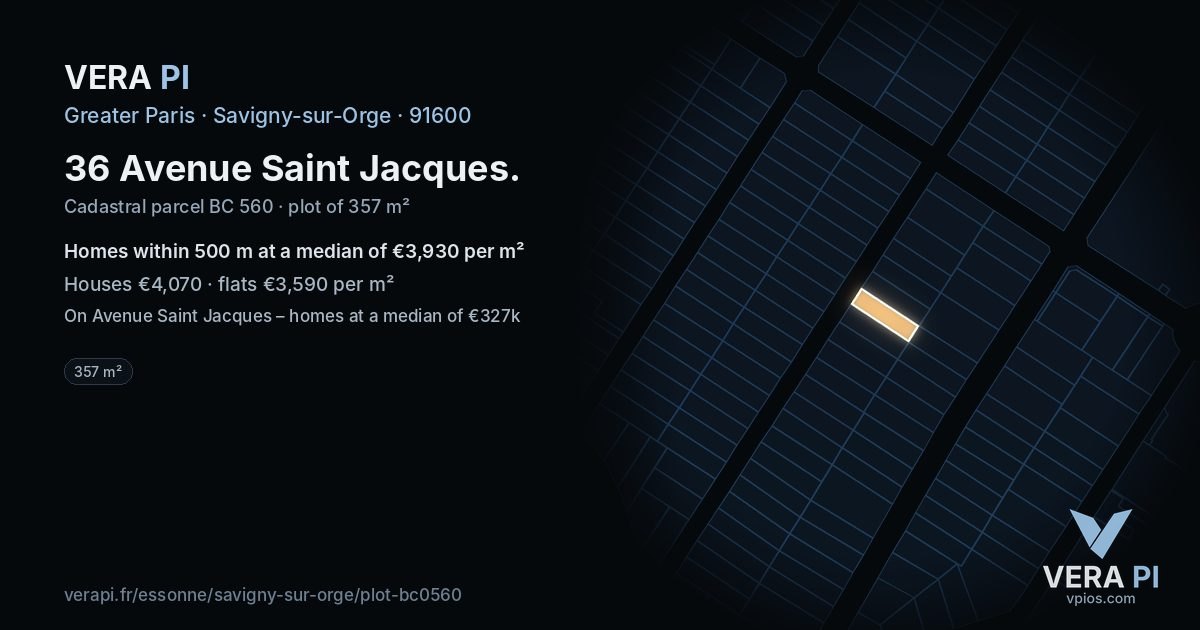 36 Avenue Saint Jacques, Savigny-sur-Orge at night – the plot lit, the parcels around coloured by the prices near them