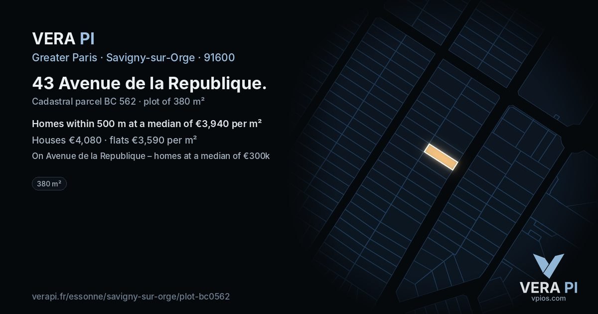 43 Avenue de la Republique, Savigny-sur-Orge at night – the plot lit, the parcels around coloured by the prices near them