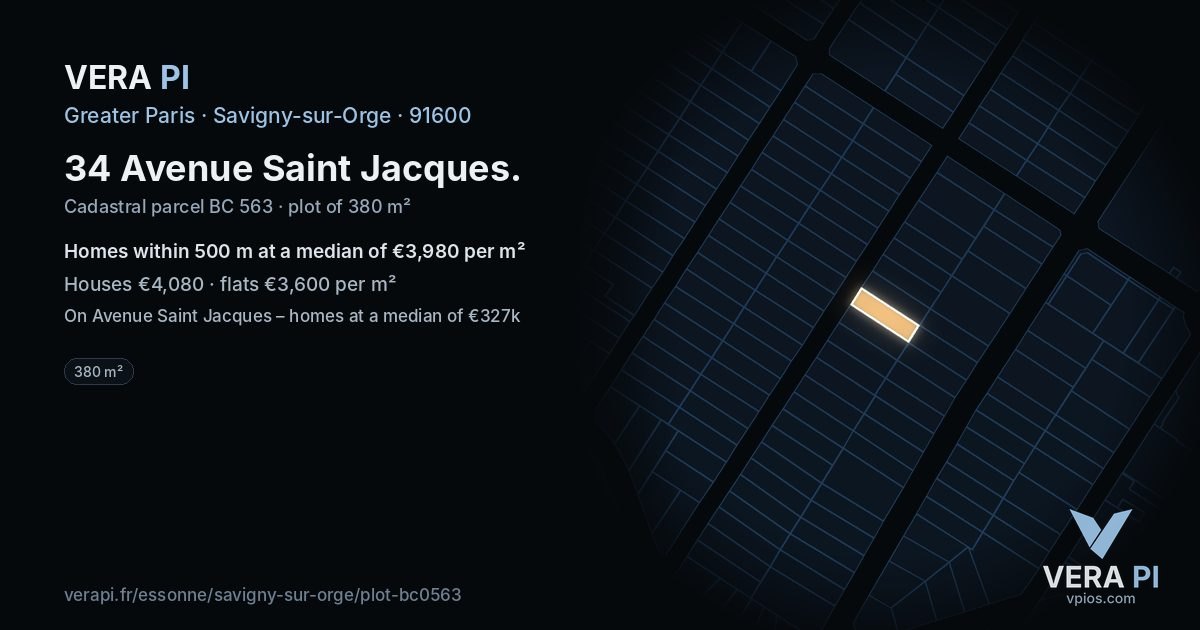 34 Avenue Saint Jacques, Savigny-sur-Orge at night – the plot lit, the parcels around coloured by the prices near them