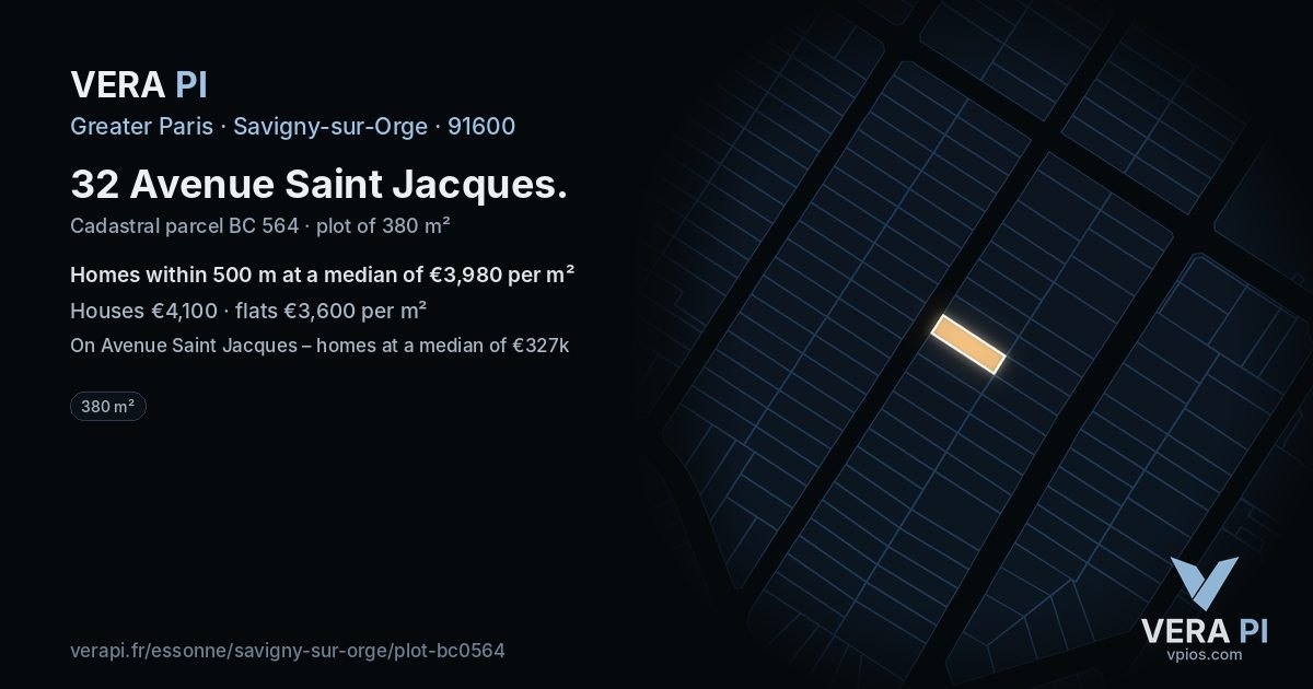 32 Avenue Saint Jacques, Savigny-sur-Orge at night – the plot lit, the parcels around coloured by the prices near them