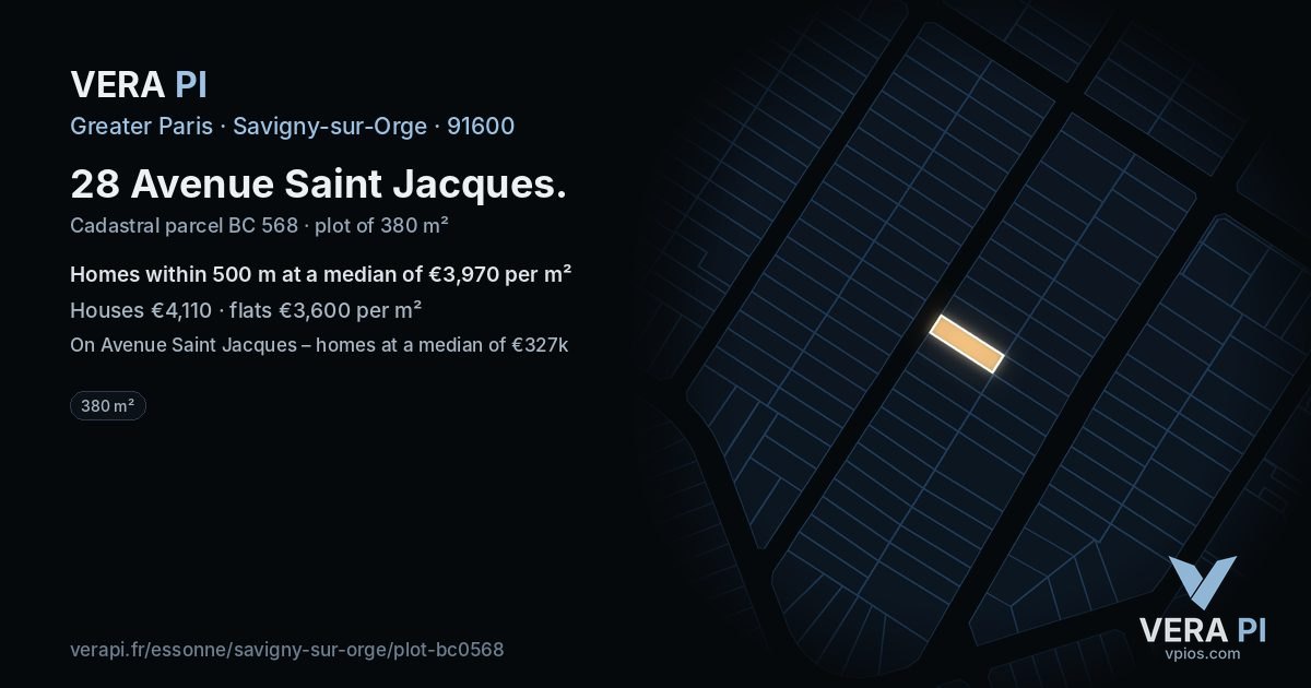 28 Avenue Saint Jacques, Savigny-sur-Orge at night – the plot lit, the parcels around coloured by the prices near them