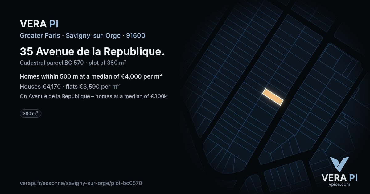 35 Avenue de la Republique, Savigny-sur-Orge at night – the plot lit, the parcels around coloured by the prices near them