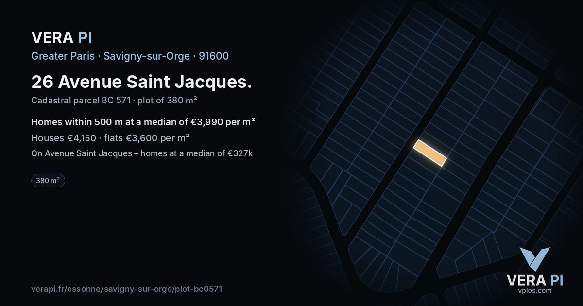 26 Avenue Saint Jacques, Savigny-sur-Orge at night – the plot lit, the parcels around coloured by the prices near them