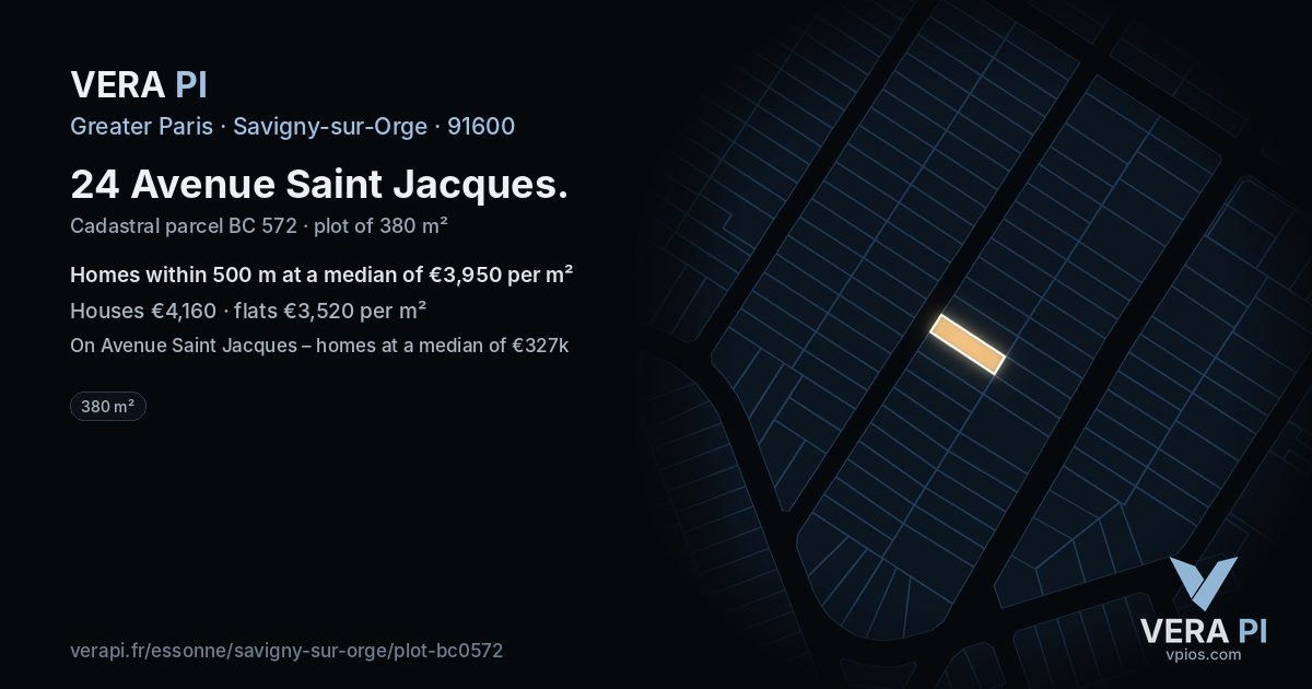 24 Avenue Saint Jacques, Savigny-sur-Orge at night – the plot lit, the parcels around coloured by the prices near them