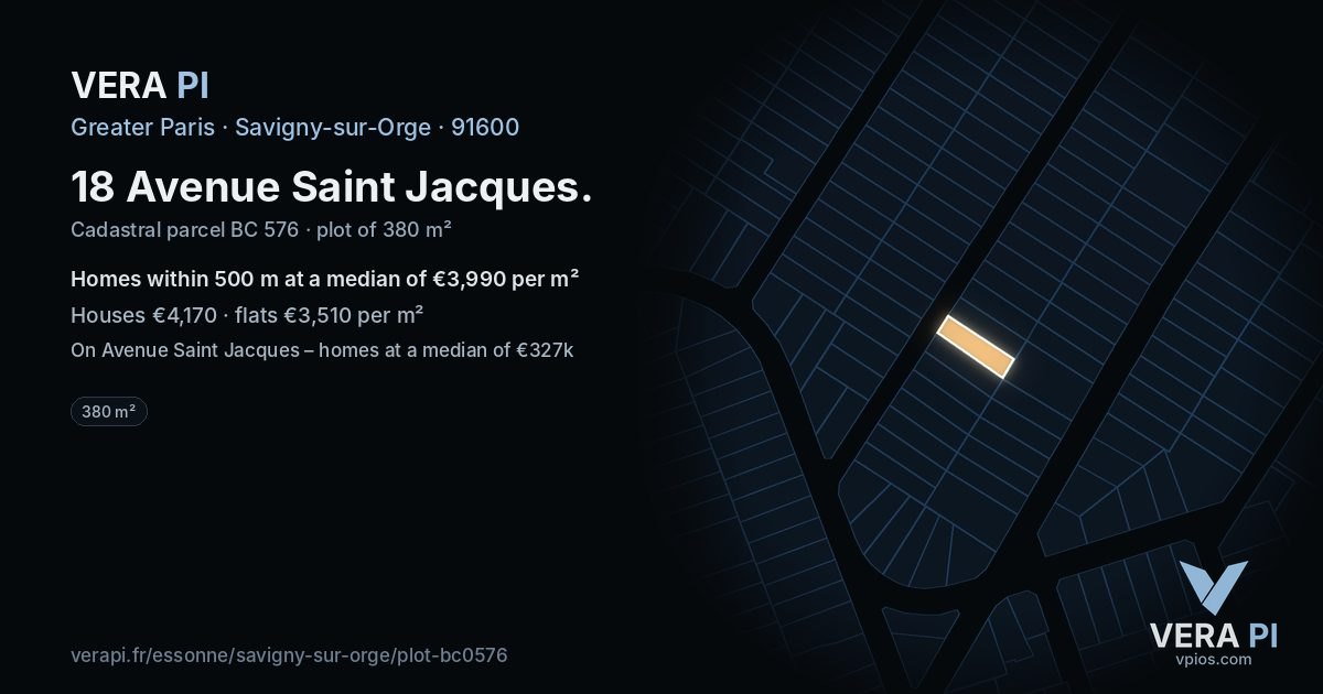 18 Avenue Saint Jacques, Savigny-sur-Orge at night – the plot lit, the parcels around coloured by the prices near them
