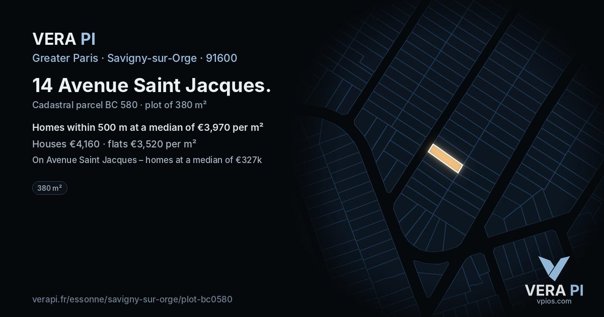 14 Avenue Saint Jacques, Savigny-sur-Orge at night – the plot lit, the parcels around coloured by the prices near them