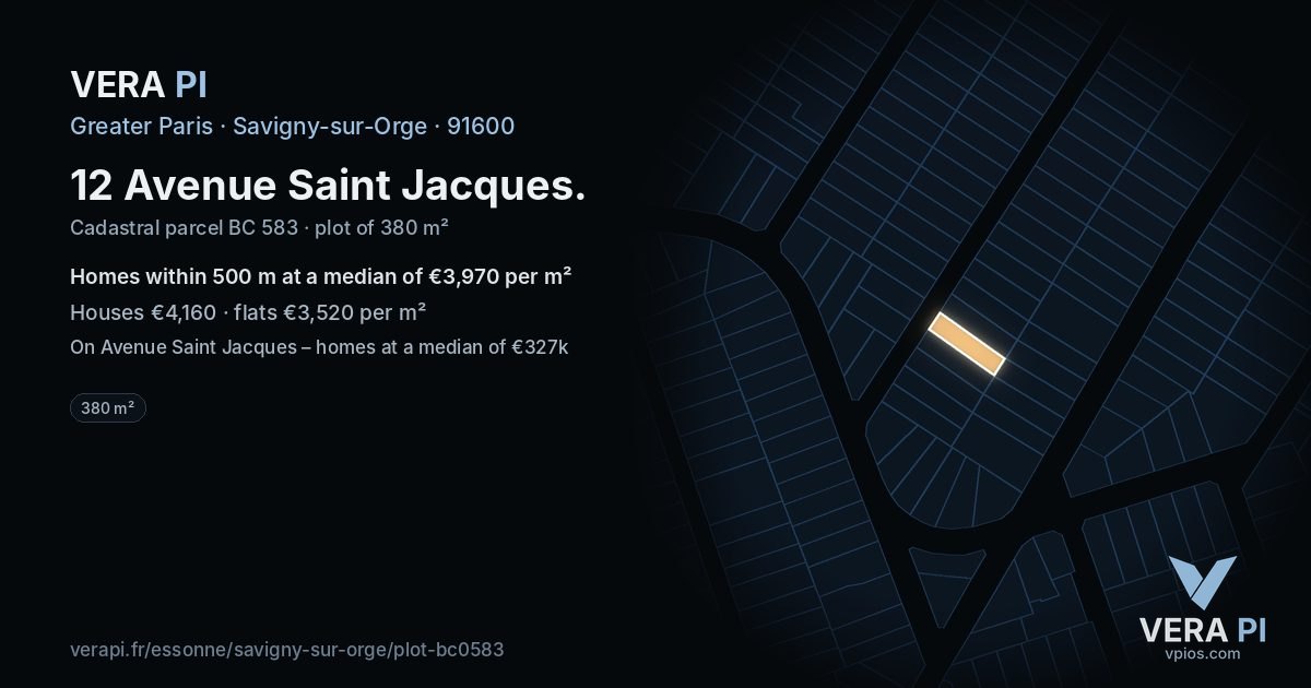 12 Avenue Saint Jacques, Savigny-sur-Orge at night – the plot lit, the parcels around coloured by the prices near them