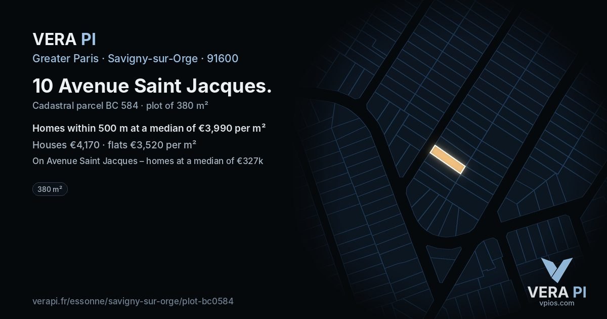 10 Avenue Saint Jacques, Savigny-sur-Orge at night – the plot lit, the parcels around coloured by the prices near them