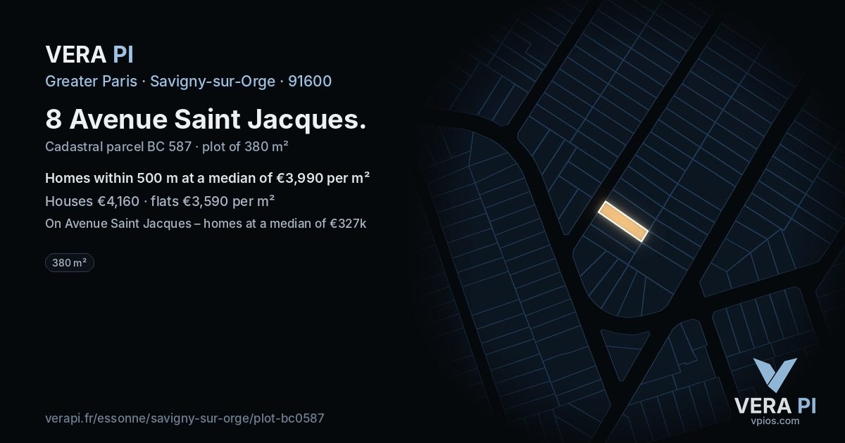 8 Avenue Saint Jacques, Savigny-sur-Orge at night – the plot lit, the parcels around coloured by the prices near them